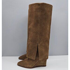Vince Camuto Tibani Knee High Boot Women 9.5 Brown Suede Cuffed Wedge Heel NEW